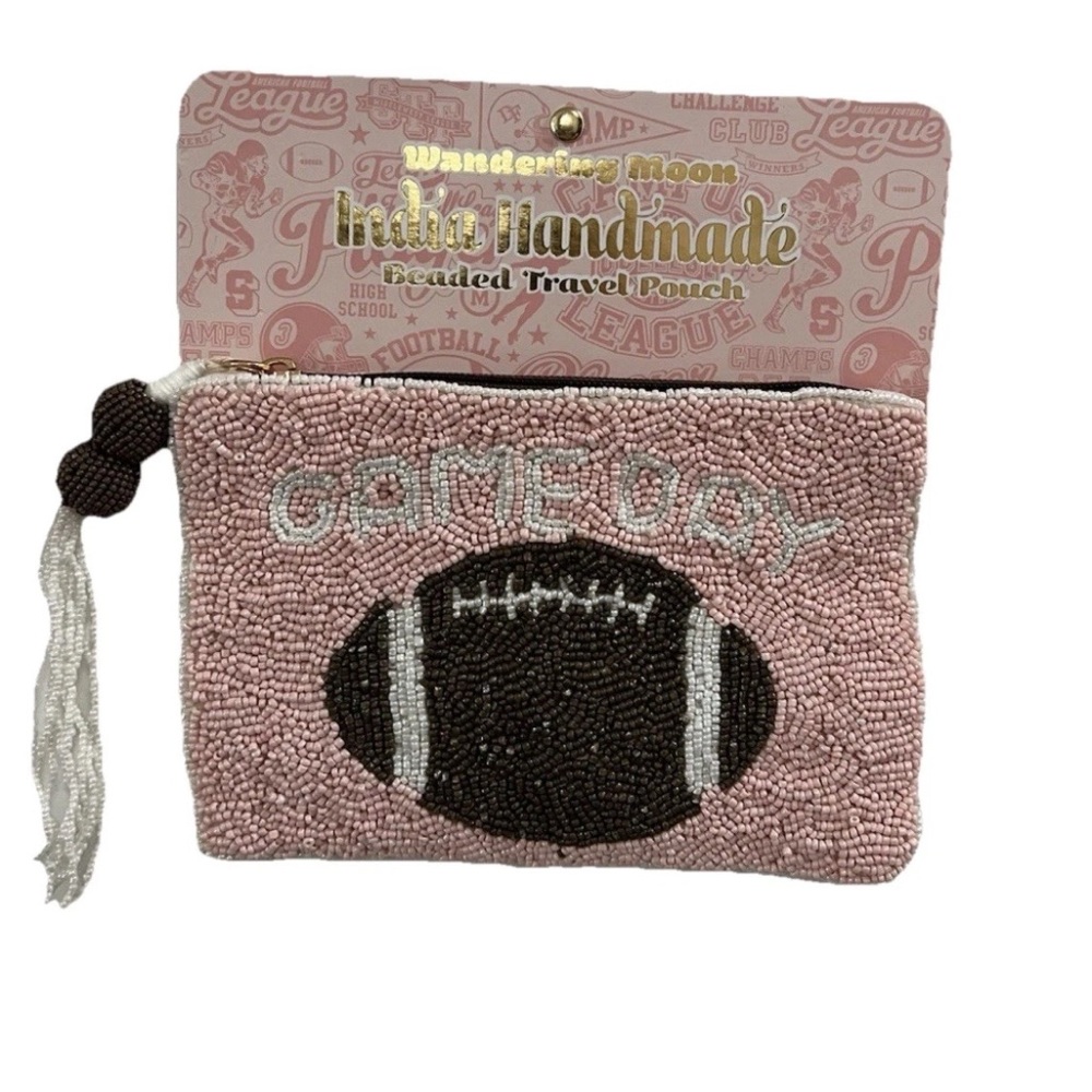 India Handmade in Wandering Moon Beaded Pouch Bag Football Pink Nwt Game Day